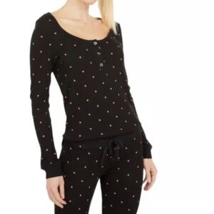 Plush Black Thermal Henley Top with Pink Hearts